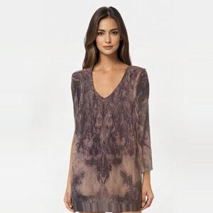 Brittany Black Biege/Brown Lace Overlay Stretch Boho Y2K Top Size Med